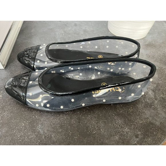 CHANEL CC Logo Clear PVC Pearl Flats 37.5 - Picture 3 of 8